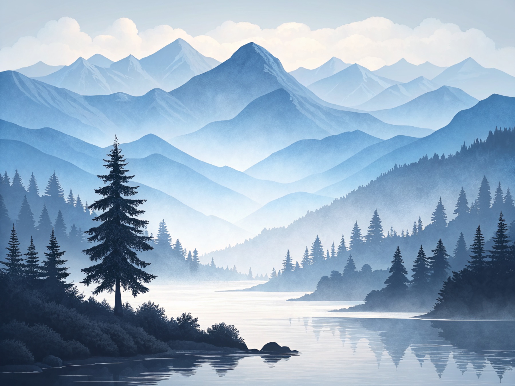 A calm, misty mountain lake at dawn, with layered blue ridgelines fading into cloud.